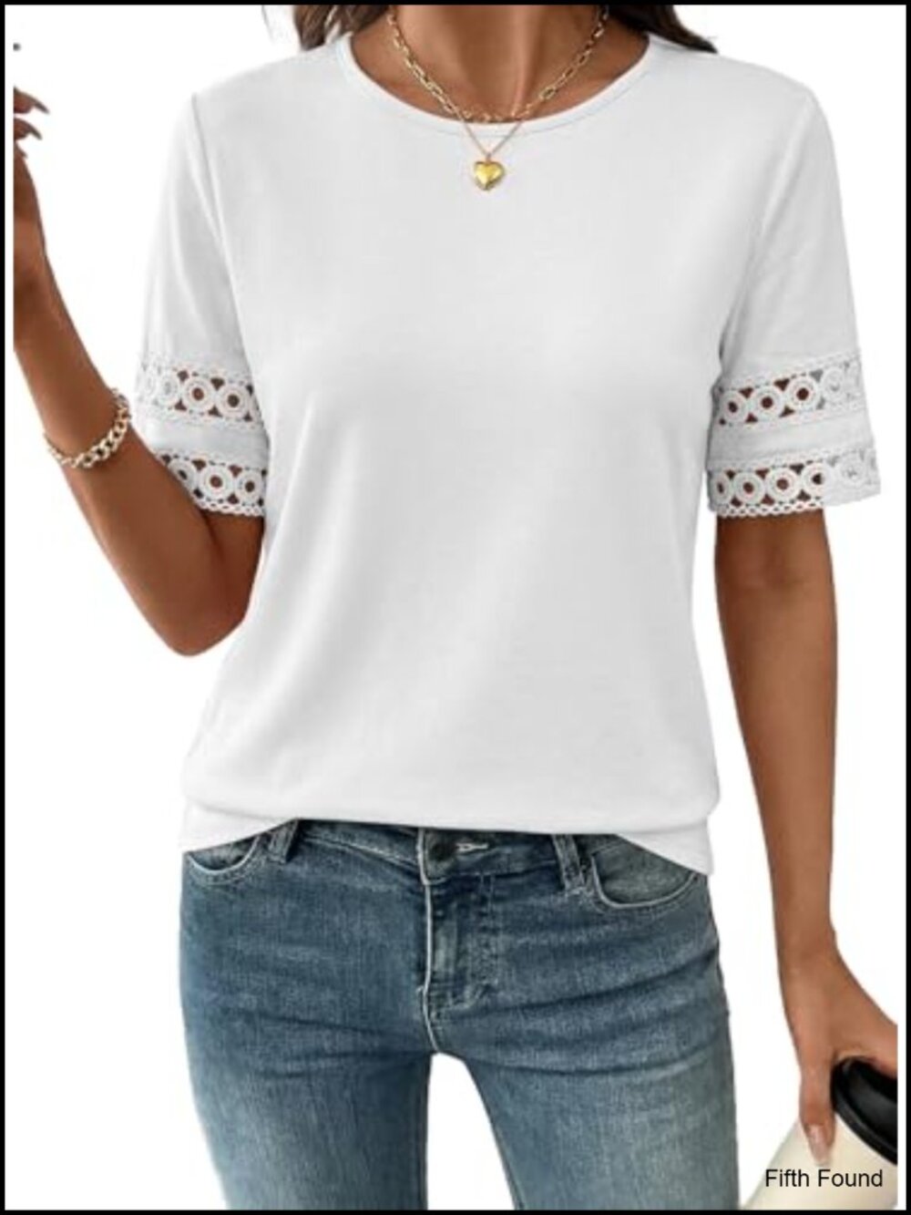 Lace Hollow Out Short Sleeve Crew Neck T-Shirt Blouse - Picture 1 of 6